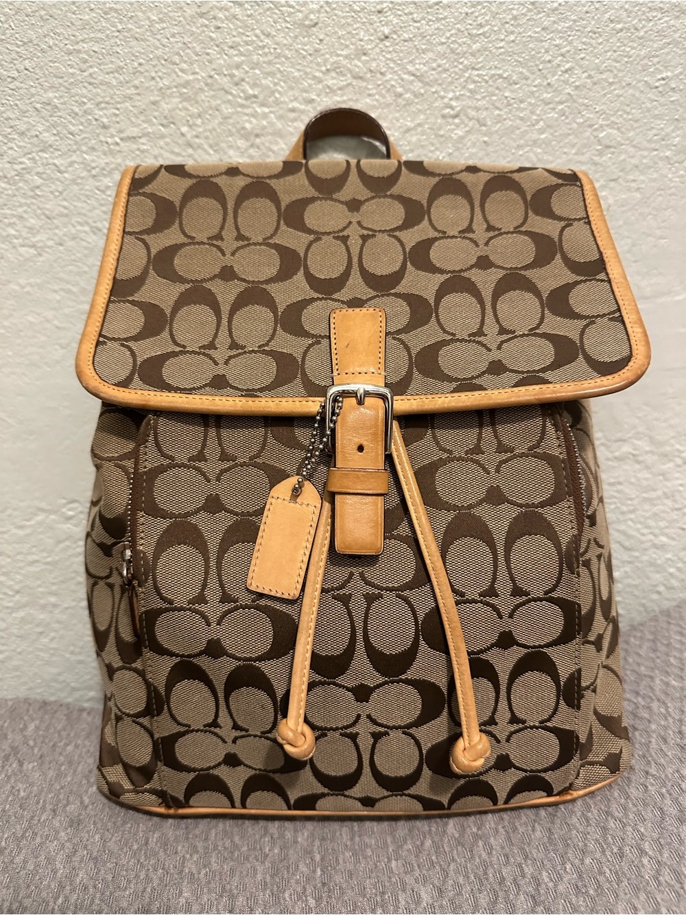 Vintage Coach Tan/Brown Cognac Signature Canvas Backpack with Leather Tan Trim